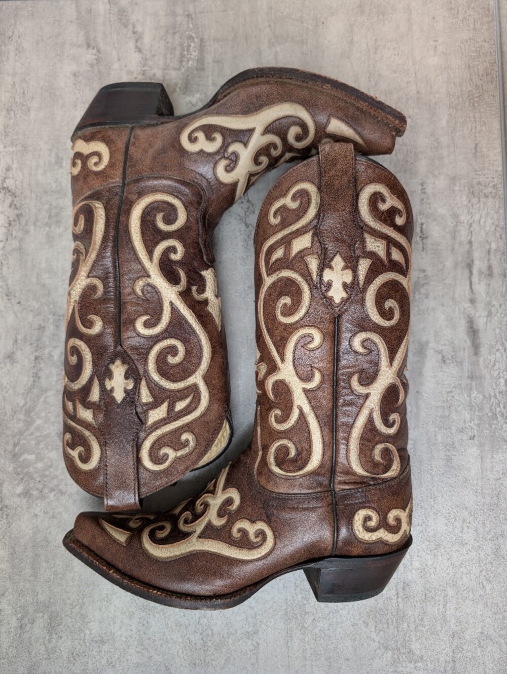 Tony Lama Vaquero Earth Santa Fe Brown Inlay Snip Toe Cowboy Boots Women 6.5